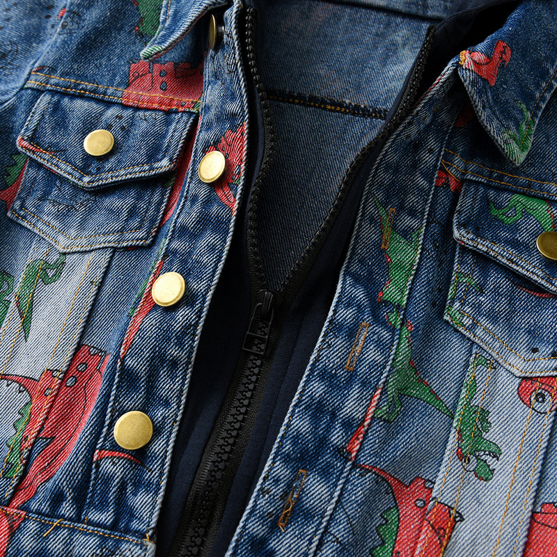 Ropa para niños de comercio exterior, niños europeos y americanos, chaqueta con capucha de mezclilla con estampado de dinosaurio de manga larga de otoño, camisa de mezclilla con cremallera informal