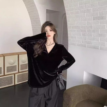 【工厂现货】韩版黑色v领长袖宽松T恤女秋防晒罩衫中长款百搭上衣