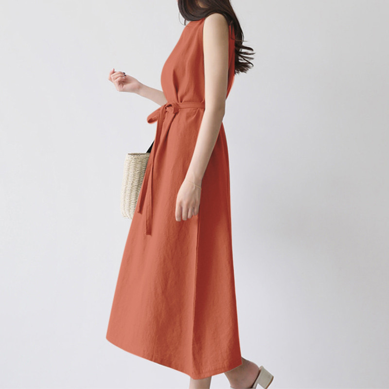 European And American Cross-border Women's Fashion Loose Bohemian Sleeveless Round-neck Solid Color Cotton-linen Long_ecoleips.com