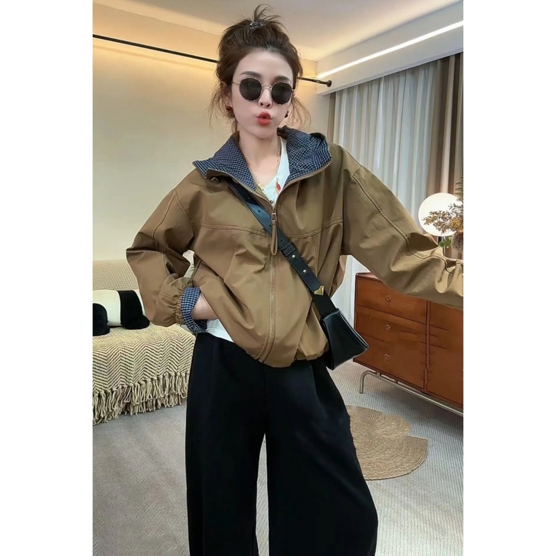 格子拼接连帽冲锋衣短外套女2025秋季韩系设计感休闲百搭夹克上衣|undefined