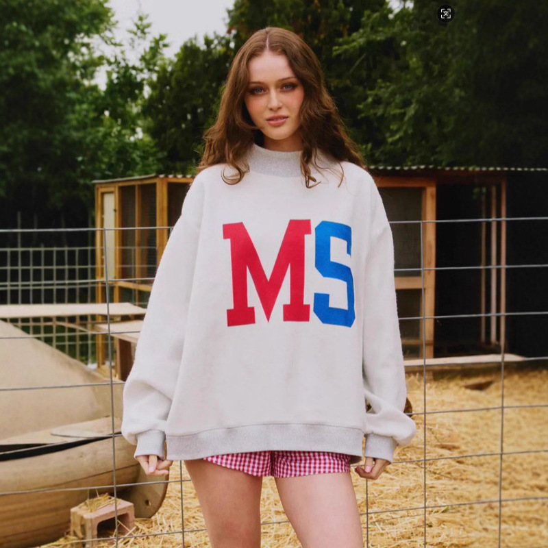 Customized Women's Round-Neck Long-Sleeved Sweatshirt, Reversible, Fashionable, Loose-Fitting, Letter-Printed, Two-Way Wear, Sporty Style Sweatshirt
