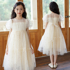 女童連衣裙夏季泡泡袖亮片網紗裙子2024新款中大童兒童洋氣公主裙