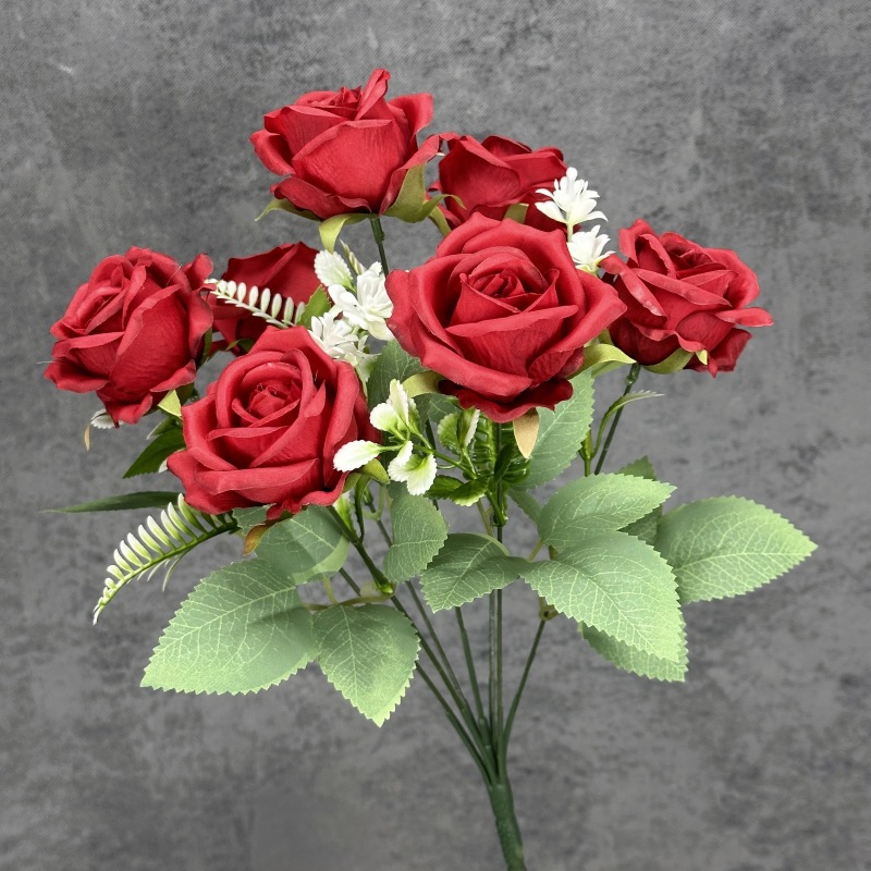 Simulación de 7 rosas rojas hechas a mano ramo de rosas bodas decoración del hogar decoración floral falsa adornos al por mayor