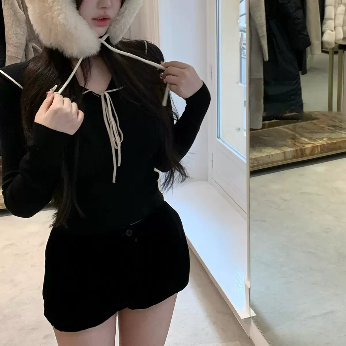 极简海军领羊毛长袖针织衫秋冬系带毛衣包臀显瘦半身裙两件套装