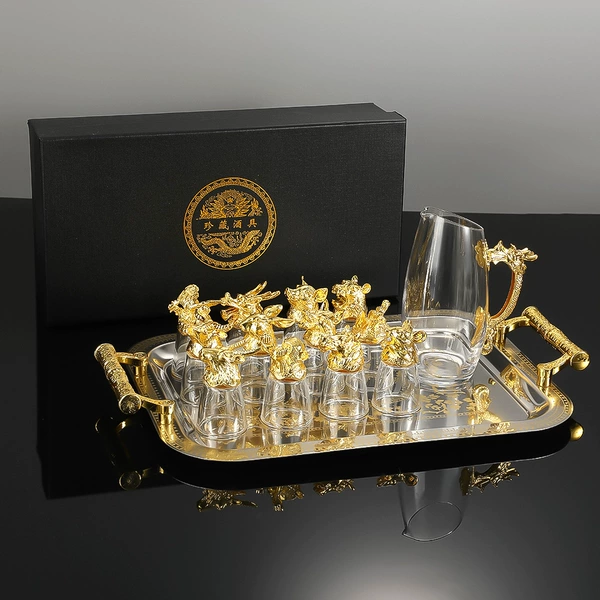 Gift box + stainless steel tray [35*18*9.5] bright gold-1 pot 12 cups