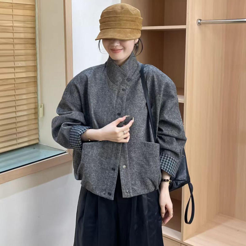 2025格子翻袖立领短款呢子外套女秋季新款休闲宽松显瘦夹克上衣|undefined