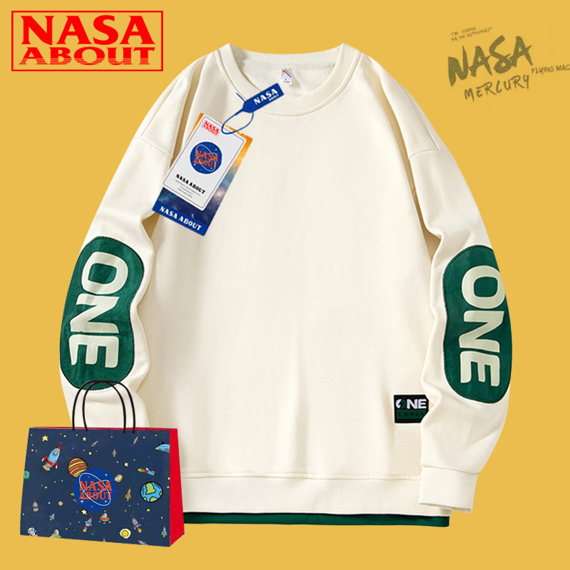 NASA Joint Spring and Autumn Sweatshirt Men's Loose Plus Size Fat fleece-lined Winter Fashionable Casual Long Sleeve Jacket