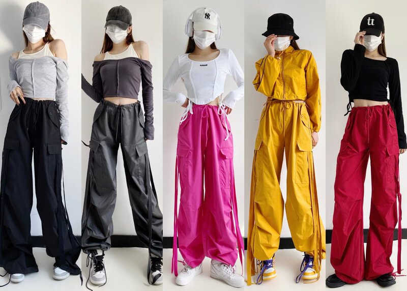 American Street Ribbon Low Waist Loose Overalls Pants Personalized Multi-Pocket Staggered Leg Dance Casual Pants Sweatpants Trendy