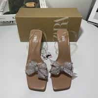  Square Head, Thin Heel, One Line, Water Diamond Bow, PVC Splicing, Bright Decoration, Open toed Women's Sandals