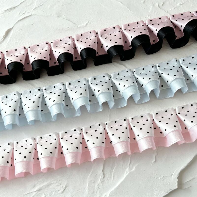 Double-Layered Black Polka Dot Pleated Lace, High-End Ribbon Accessories, Handmade DIY Hair Accessory Decoration Materials