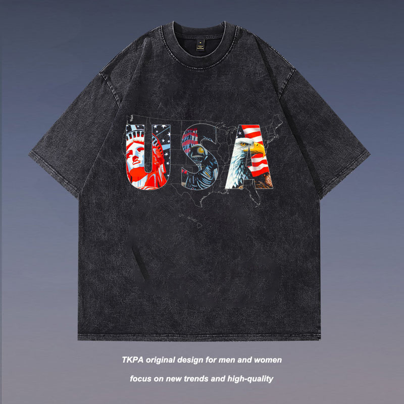 Hip-hop rap tupac fashion brand European and American high street short sleeve heavy weight retro letter direct spray printed T-shirt men's cross-border