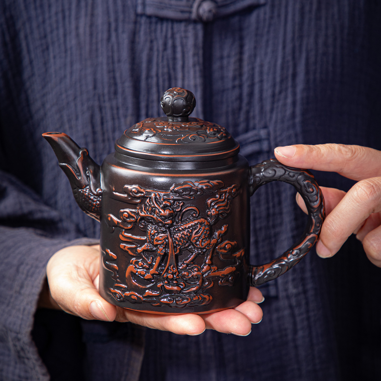 原矿紫陶壶半手工雕刻凤鸣壶麒麟祥龙仙女酒茶壶家居办公室摆件