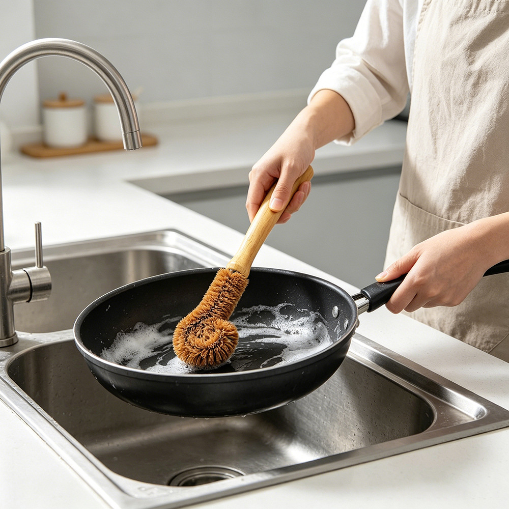 Cepillo de limpieza diaria para cocina con mango de madera, cepillo para vasos de coco, herramienta de limpieza de vidrio con mango largo para uso doméstico.