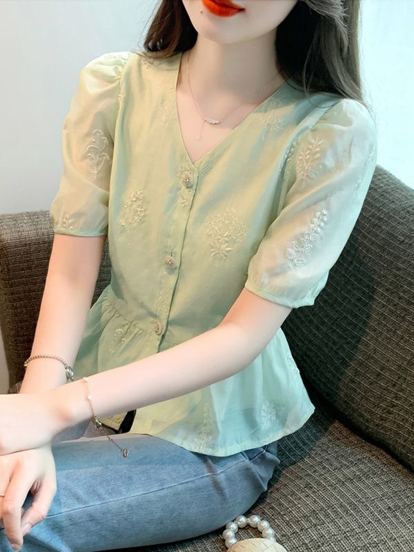 夏の卸売半袖シフォンシャツ レディース夏服 新作 ウエストシェイプお腹カバー トップス デザイン性|undefined