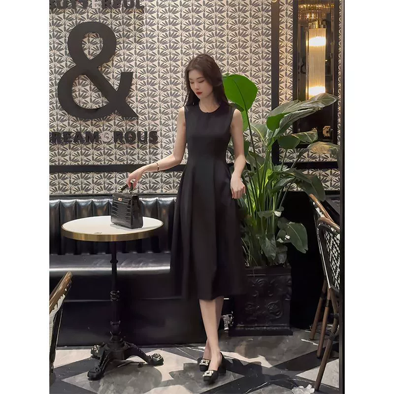 Черное элегантное облегающее платье для женщин 2025 лето новый стиль миниатюрное французское платье с разрезом длинная юбка корейский стиль премиум