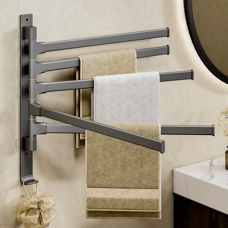 Gun ash rotation towel rack free punching toilet shelves, towels, towels, bathroom artifact hanging towels