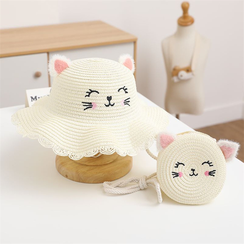 Cat embroidered wavy edge straw hat-milk white