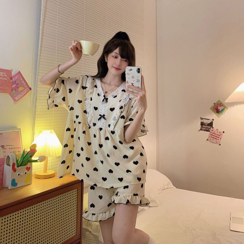 125kg Plus Size Pajamas for Women, Summer Thin Style, Sweet Princess Style, V-Neck Short-Sleeved Shorts, Two-Piece Set, Loose-Fitting Home Clothes