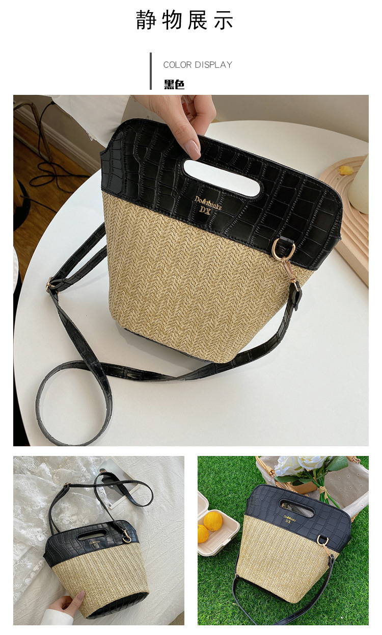 Korean Stitching Contrast Color Straw Portable Messenger Bucket Bag display picture 8