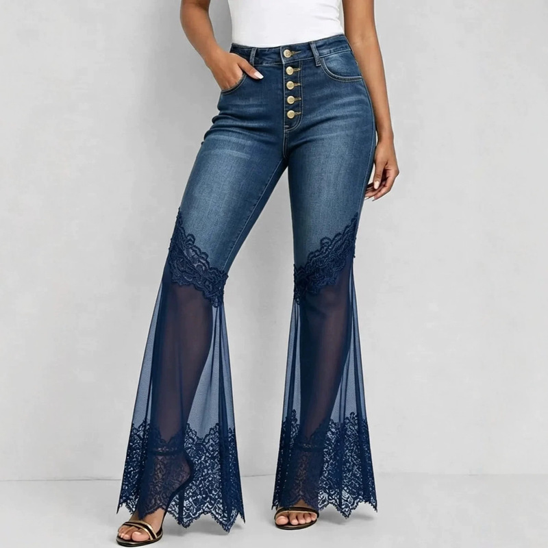 New European and American cross-border women's mesh patchwork see-through multi-button irregular hem high-waisted denim flared jeans