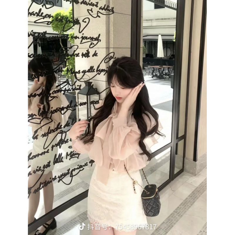 Clear and Fresh Style Girlfriend Pure Desire Gentle Pink Butterfly Shirt Set Women's New Autumn Hip-Hugging Short Skirt Two-Piece Set
