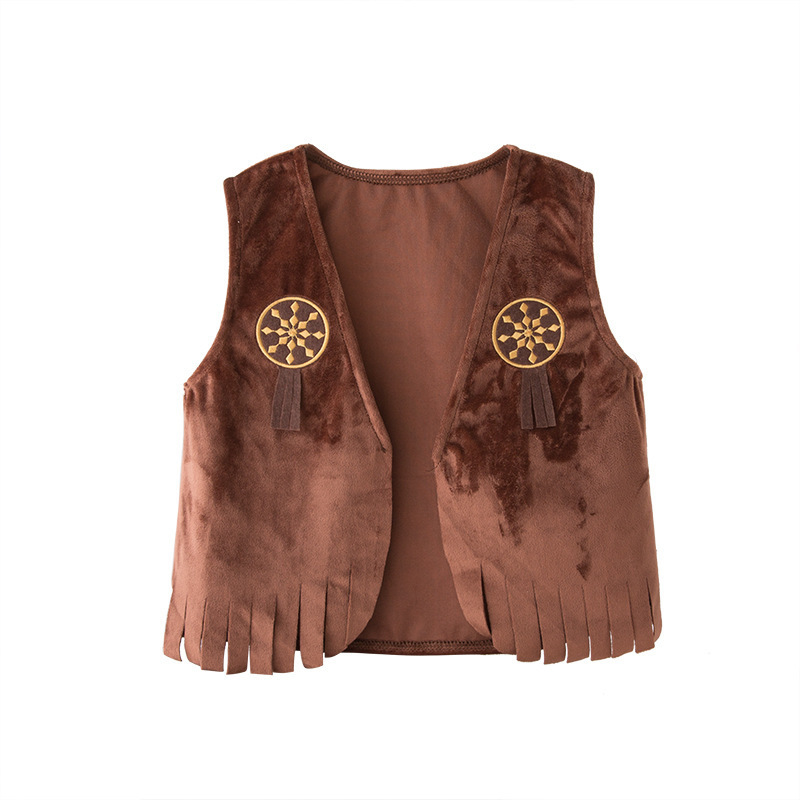 Children's Western Cowboy Vest Holiday Costume Cosplay Costume Brown Suede Vest Scarf Hat