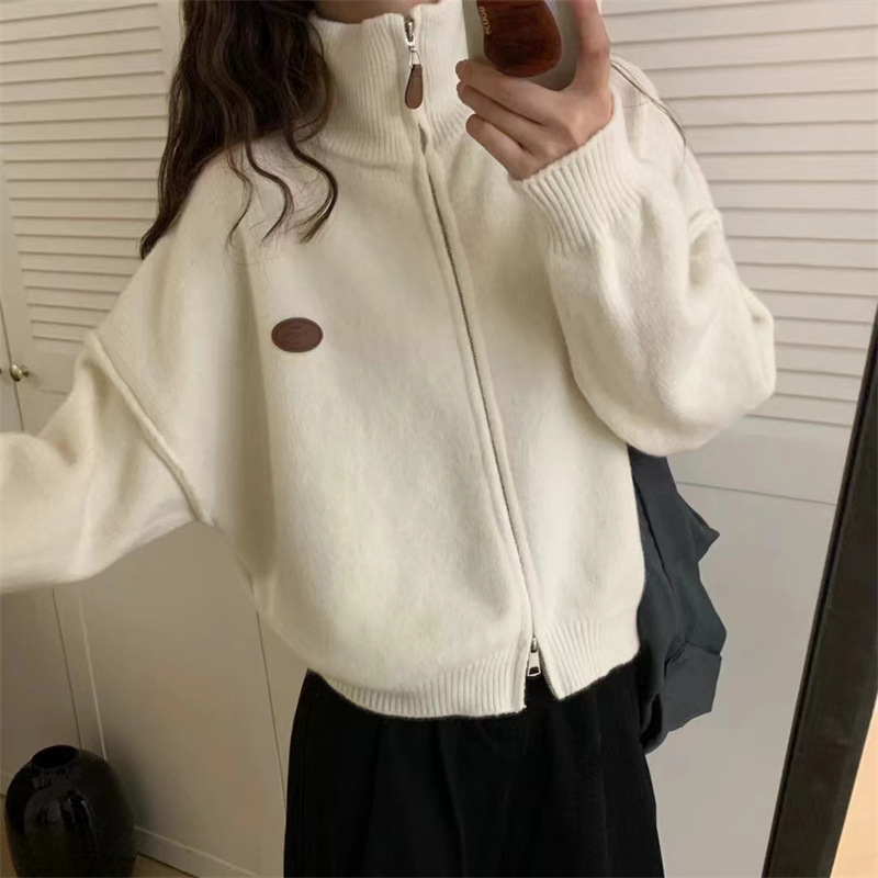 慵懒风立领双拉链针织开衫女秋冬新款宽松百搭短款高级感毛衣外套|undefined