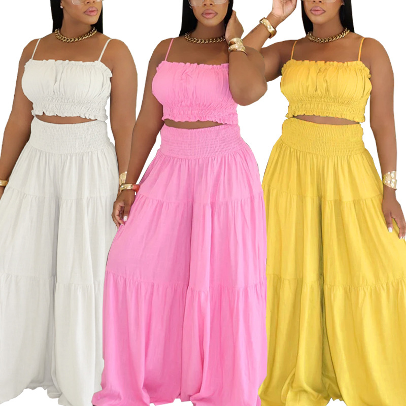 Women's Clothing Fashion Solid Color Suspender Top Plus Loose Wide Leg Pants Two Piece Set_voghion.com