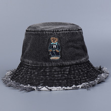 做旧水洗牛仔渔夫帽男女士刺绣流苏潮遮阳帽夏季休闲盆帽可折叠