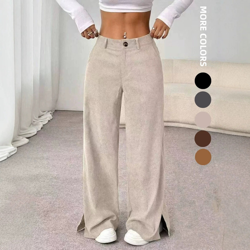 2025 Amazon Cross-Border European and American Autumn and Winter Casual Fashion Corduroy Mid-Waist Slit Loose Straight Floor-Length Pants
