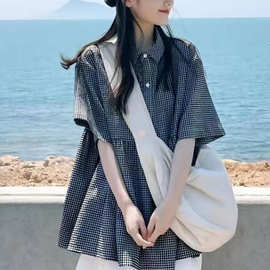 日系复古格子短袖衬衫女夏季设计感小众衬衣韩版宽松娃娃衫上衣