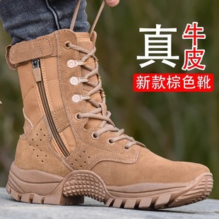 New Combat Training Boots Outdoor Training Boots Thickened Wool Men's Boots Brown Leather Waterproof Zipper Desert Boots