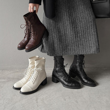欧美风圆头2025新款真皮高跟气质瘦瘦靴文艺马丁靴复古休闲短靴女