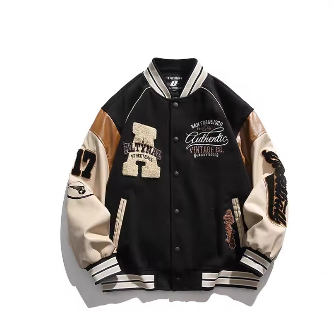 高街拼接3D美式棒球服外套美式街头飞行员上衣小众休闲宽松夹克