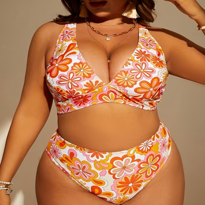 Bikini de talla grande europeo y americano nuevo traje de baño sexy de dos piezas estampado de colores traje de baño de talla grande de Amazon transfronterizo