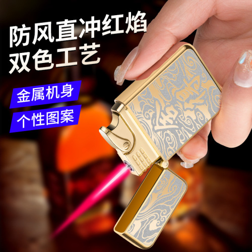 Creative waterproof straight-through metal lighter electroplated embossed pattern red fire direct-injection windproof lighter inflatable lighter cross-border