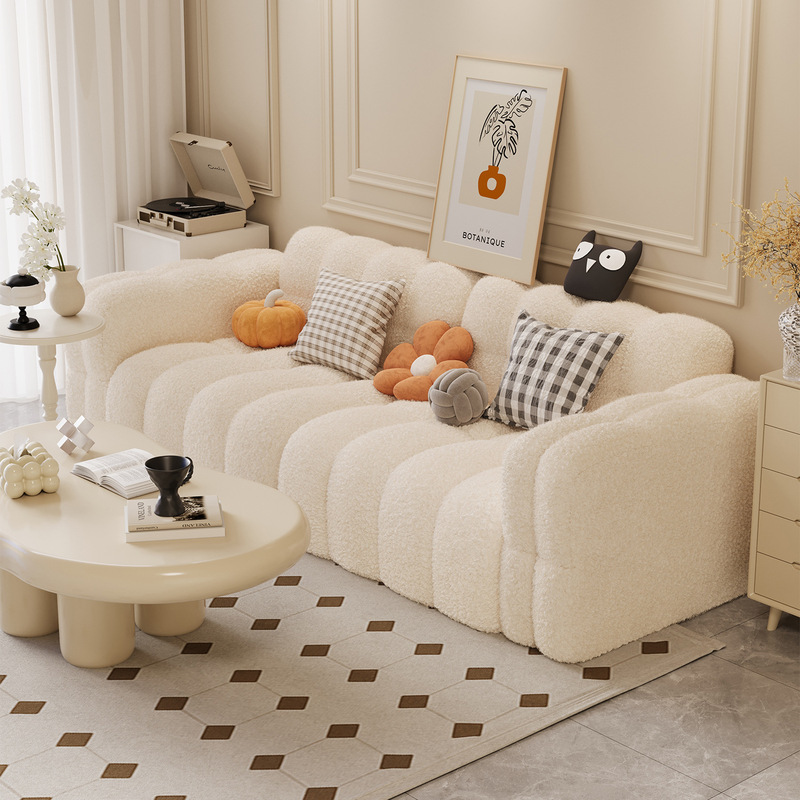 Multifunctional Household Cream-Style Sofa for Small Living Rooms, Double Fabric Lamb Velvet Straight-Row Lazy Sofa