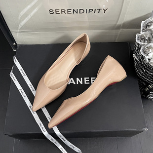French Style Side Empty Nude Flat Shoes Women's 2025 New All-match Professional Commuter Height-increasing Red Bottom Pointed Single-layer Shoes for Women