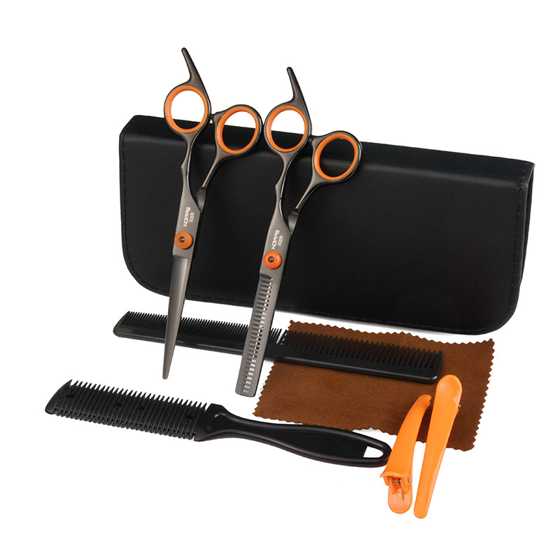 Negro naranja corte de pelo profesional tijeras de pelo Bangs artefacto corte plano corte fino traje tijeras de pelo femenino