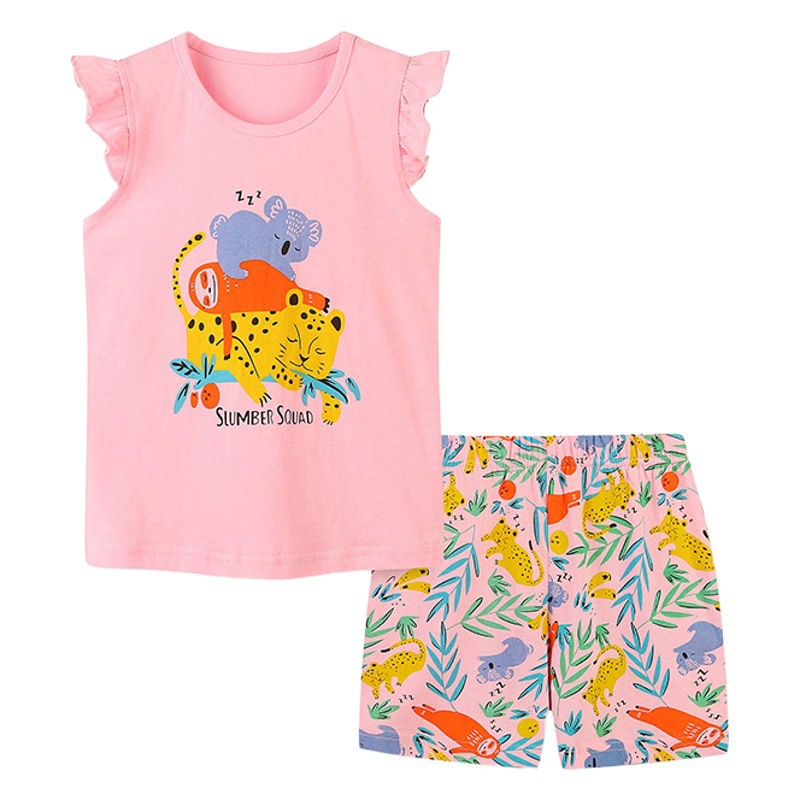 Nuevos productos de verano de estilo europeo y americano ropa infantil al por mayor niñas impresión de dibujos animados manga corta juego de camisetas de dos piezas para niñas
