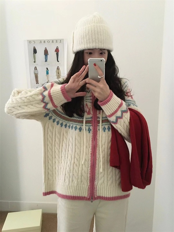 韩系复古麻花连帽费尔岛毛衣开衫女秋冬新款宽松慵懒拉链针织外套|undefined