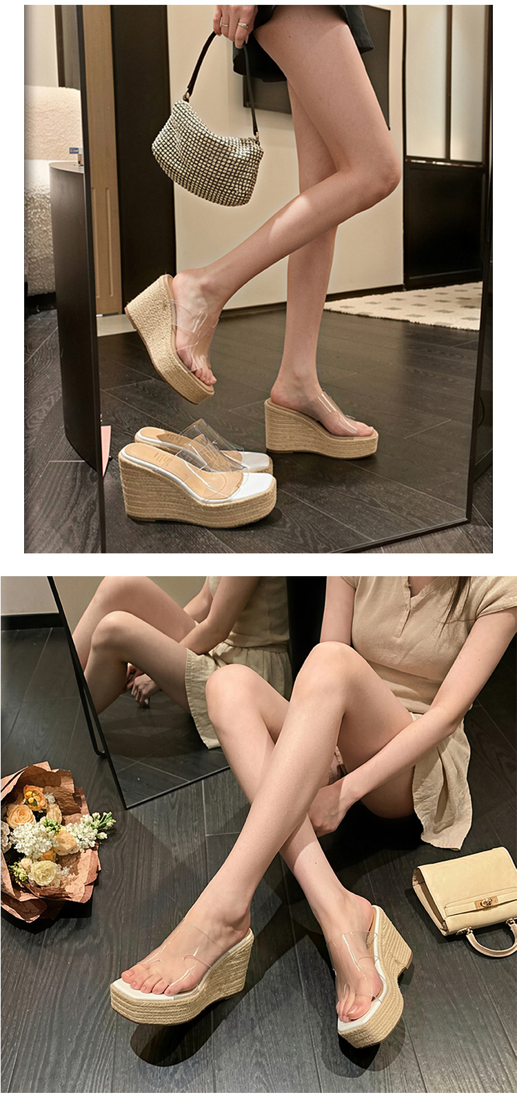 Sandal cao gót nữ hở mũi đế xuồng đan rơm, gót 9 cm — màu trắng, màu mơ chi tiết 11
