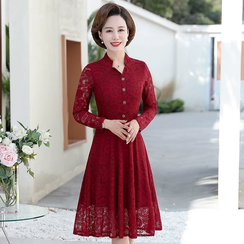 Новая модель юбка 2024 весенняя талия с красными кружевными платьями тонкое платье средней длины юбка мамы сплошной цвет юбка