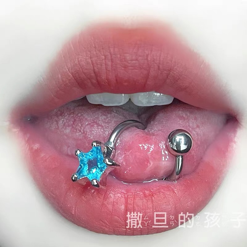 Blue S-Shaped Tongue Ring Externally Threaded 316L Surgical Steel Tongue Barbell Piercing Jewelry detail image 2