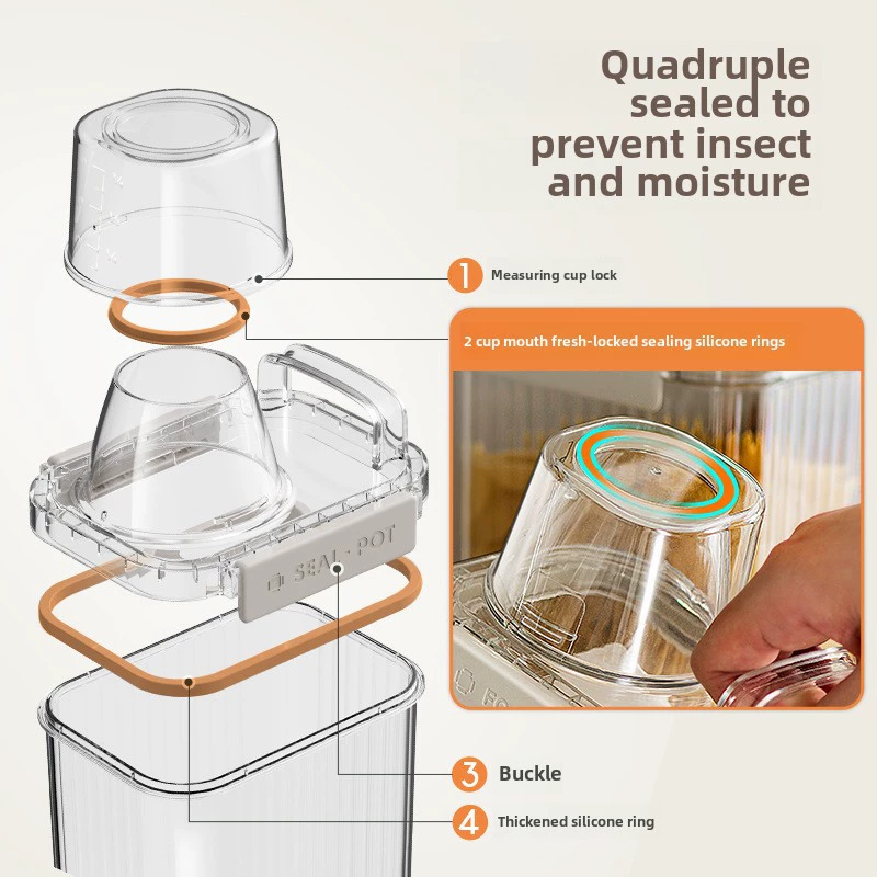 Sealed storage container, moisture‑ and pest‑proof, measuring‑cup lid, 1.3–1.8 L