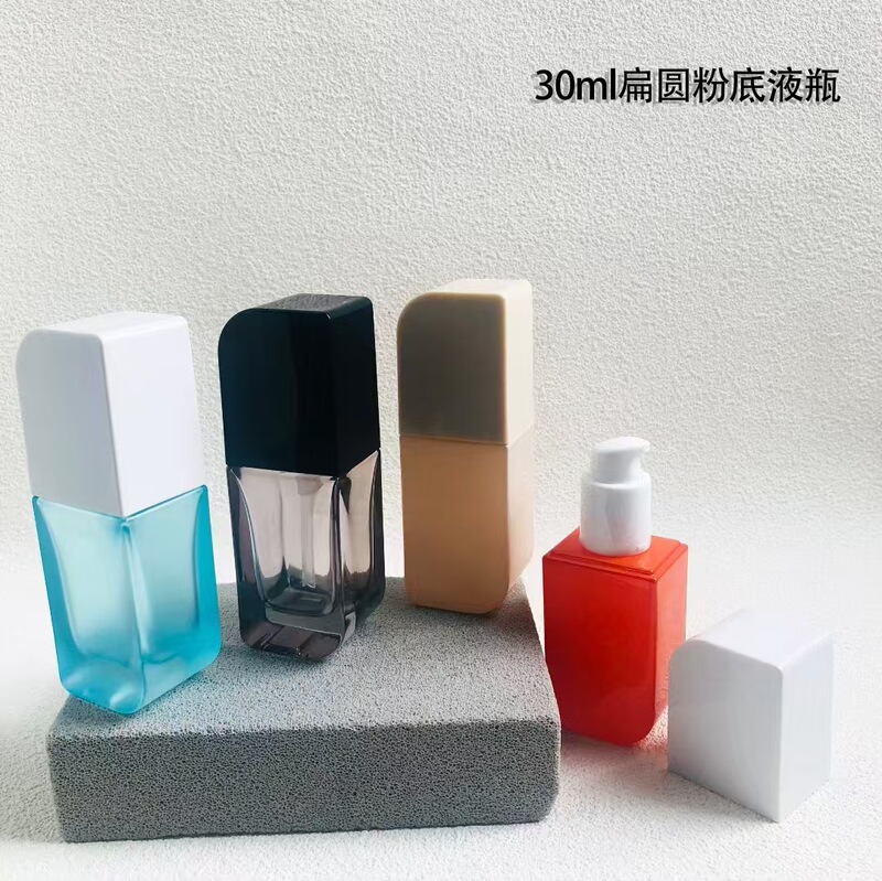 工厂30ml方形粉底液玻璃瓶厚底扁方瓶透明按压精华乳液瓶包装水晶|undefined