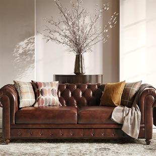 American Retro Oil Wax Sofa Three or Four Seats Straight Row Mid-Century Style Brown Sofa Living Room Villa