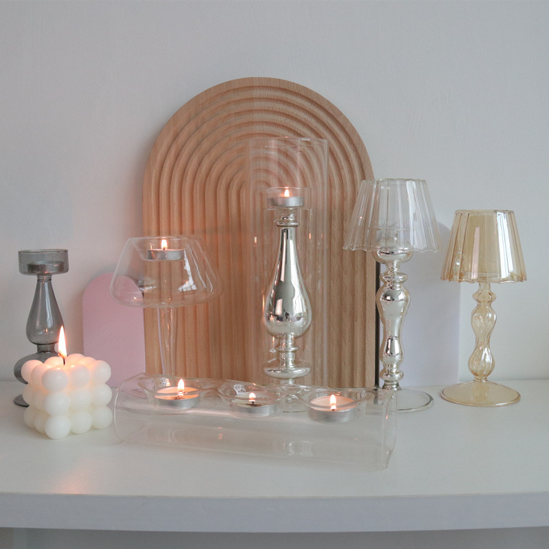 Simple de cristal plateado candelabro hogar vintage Cafe bar decoración del hogar lámpara de mesa candelabro de vidrio