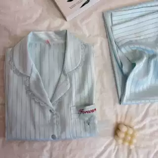 【小铃铛】秋新款冰雪丝睡衣少女甜美花边铃铛条纹长袖家居服套装