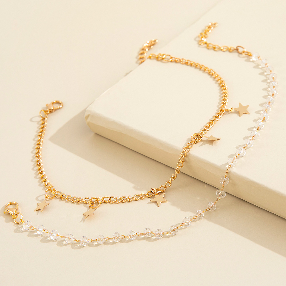 Fashion simple retro wild crystal beaded star double-layer alloy anklet